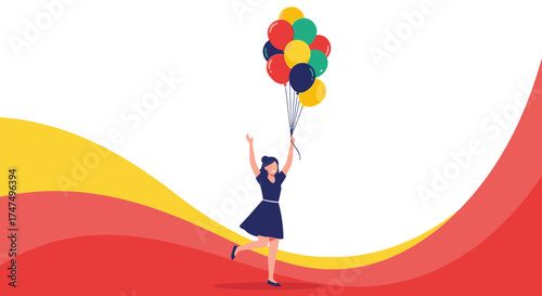 Joyful Woman Holding Balloons Celebrating Freedom And Reaching For The Sky