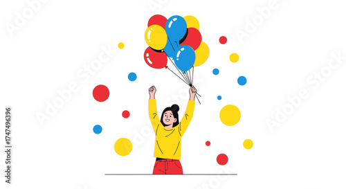 Joyful Woman Holding Balloons, Celebrating Happiness And Achievement With Colorful Elements