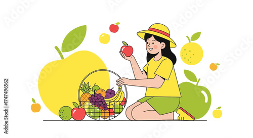 Joyful Woman Selecting Fresh Apple Alongside Basket Of Luscious, Colorful Fruits Offering Healthy