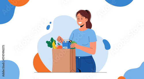 Joyful Woman Unpacking Groceries, Fresh Produce and Dairy Products in a Brown Paper Bag