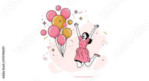 Joyful Woman With Balloons Celebrating Happiness And Reaching New Heights In Life
