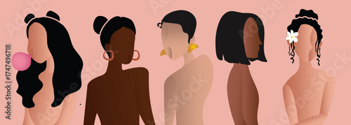 Women profile different ethnicities. Women body figures. Brave and confident women. Women body confidence. women body positivity. Vector Illustration
