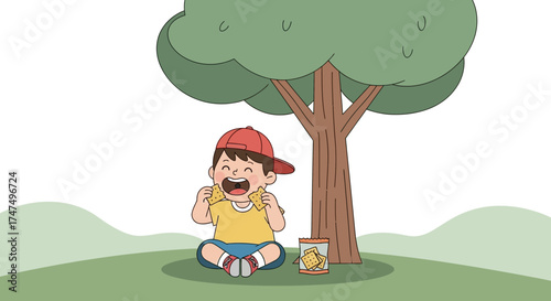 Joyful Young Child Enjoying Snacks Beneath the Shade of a Tree on A Sunny Day