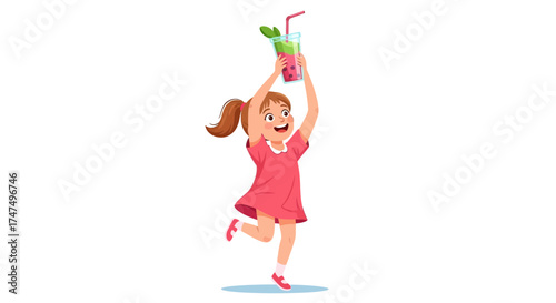 Joyful Young Girl Celebrating Summer with a Refreshing Fruit Smoothie Drink