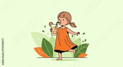 Joyful Young Girl Drinking Juice, Embracing Nature and Summer Blissful Moments