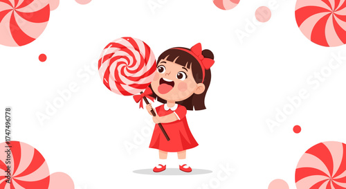 Joyful Young Girl Enjoying a Giant Swirl Lollipop Amidst Whimsical Candy Ornaments