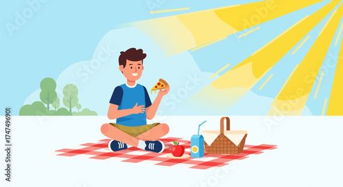 Joyful Young Person Enjoying Delicious Pizza Slice on a Picnic During Sunny Day