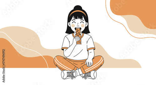 Joyful Young Person Savoring Bar in Relaxed Pose Against Abstract Orange Design