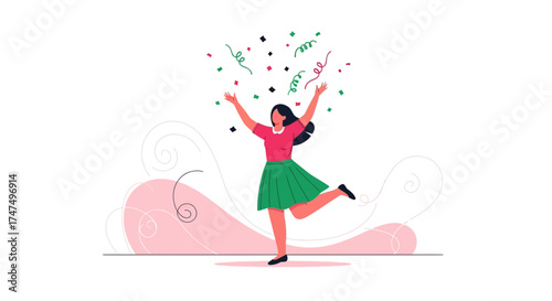 Joyful Woman Celebrates with Colorful Confetti in a Minimalist and Ecstatic Celebration