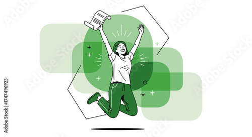 Joyful Woman Celebrating Achievement and Holding Paper with Green Modern Graphic
