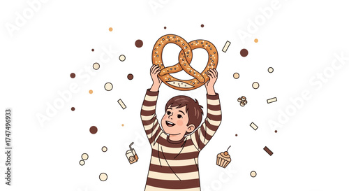 Joyful Young Person Poses With Giant Pretzel And Smiling With Happiness