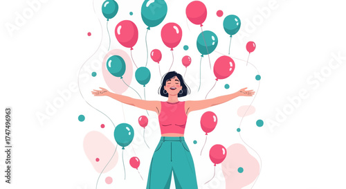 Joyful Woman Celebrating Among Floating Balloons, Expressing Happiness and Excitement