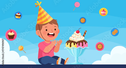 Joyful Youngster Celebrates Birthday Surrounded By Delicious Sweets and Festive Atmosphere