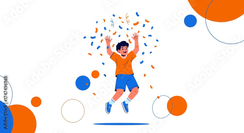 Joyful Youngster Celebrates Victory with Colorful Confetti and Exuberant Outburst of Merriment