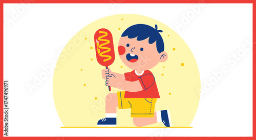 Joyful Youngster Celebrating Street Food, Cheerful Illustration with Vivid Colors and Fun