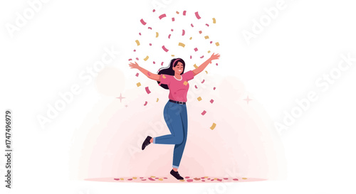 Joyful Woman Celebrating Under a Shower of Colorful Confetti and Expressing Excitement