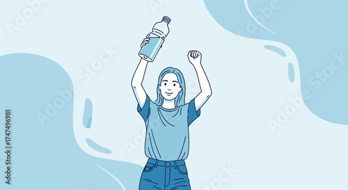 Joyful Woman Celebrating Hydration Holding Bottle In Hands, Drinking Water Concept Illustration