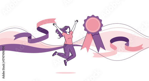 Joyful Woman Celebrating Success With Ribbon And Award Vector Illustration