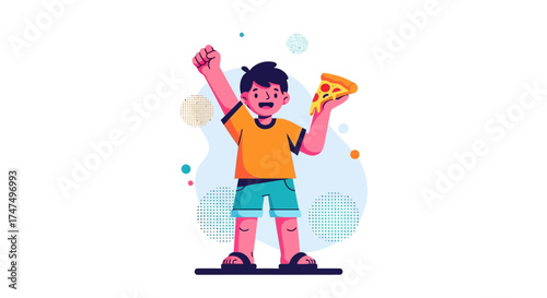 Joyful Youngster Celebrating Victory With Pizza Slice, Foodie, Orange Shirt