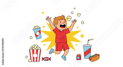 Joyful Youngster Delighted at The Cinema, Enjoying Snacks and Beverages for Recreation
