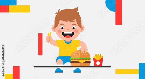 Joyful Youngster Delighted With A Tasty Burger And Crispy French Fries Meal