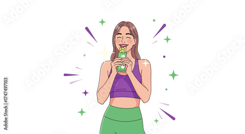 Joyful Woman Eating A Healthy Snack Bar Celebrating Diet And Wellness On White