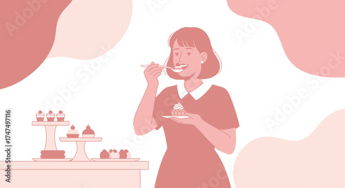 Joyful woman enjoying a cupcake, perfect for food-related illustrations and designs