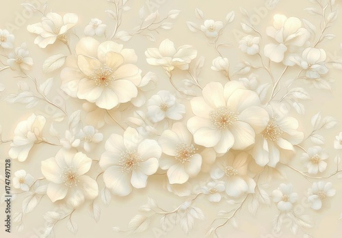 delicate cream and beige flowers with soft leaves intricately arranged on a light beige background creating a serene and elegant floral pattern