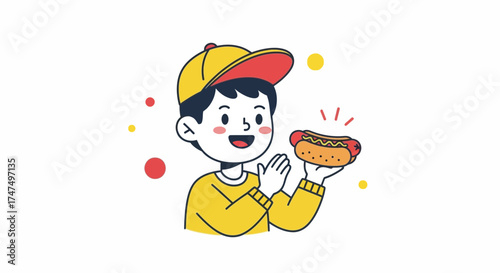 Joyful Youngster Presenting a Delicious Hotdog with Cheerful Enthusiasm