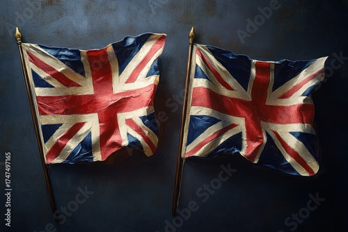 Two vintage British flags on poles waving against a dark textured background, evoking a sense of history and patriotism