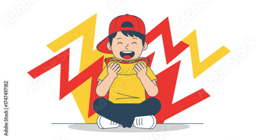 Joyful Youngster Relishing A Hotdog, Vibrant Illustration, Delightful Food Experience