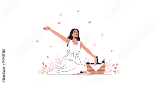 Joyful Woman Enjoying A Picnic In Nature Expressing Happiness And Freedom With Open Arms