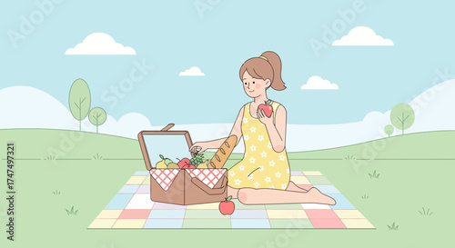 Joyful Woman Enjoying Picnic with Fresh Apples and Gourmet Food on a Sunny Day