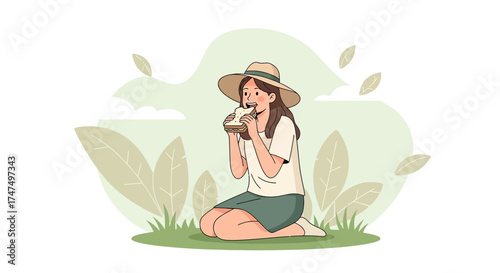 Joyful Woman Enjoying Sandwich And Sunny Day Outdoors While Wearing A Hat