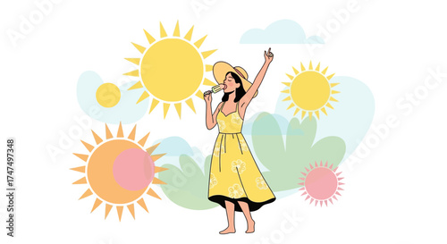 Joyful Woman Enjoying Summer: Eating Ice Cream Under Basking Suns
