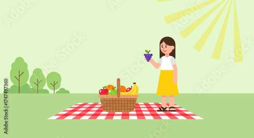 Joyful Woman Enjoying Sunny Picnic with Fresh Fruits on a Summer Day
