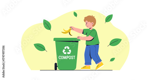 Kid Composting Banana Peels, Environmentally Conscious, Recycling, Green Living, Eco-Friendly