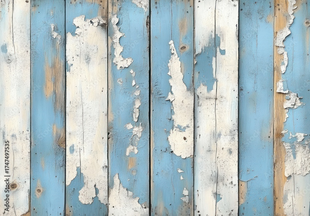 Obraz premium weathered wooden planks painted in alternating blue and white with peeling and chipped paint revealing natural wood