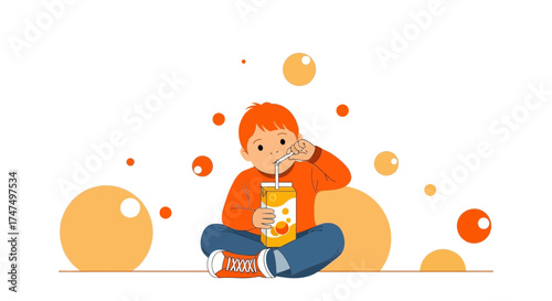 Kid Sipping Orange Juice With Dots Background Conceptual Illustration Vector Art