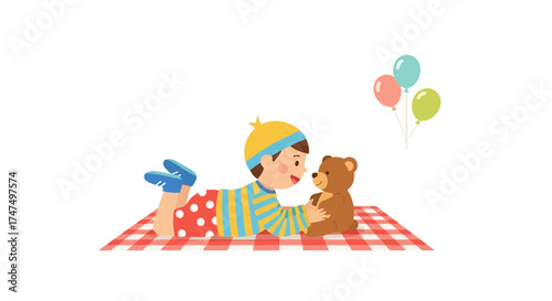 Kid with teddy bear on picnic blanket with balloons, happy playtime illustration