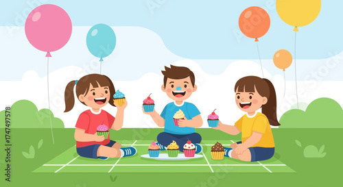 Kids Gathering For Picnic With Balloons And Cupcakes On A Sunny Day