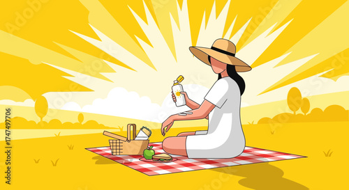 Lady Applying Sunscreen During Leisurely Picnic Beneath Bright Sunlight on Sunny Day