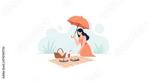 Lady Enjoying A Peaceful Picnic On A Sunny Day Under An Open Red Umbrella
