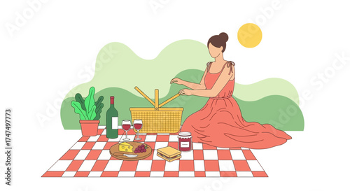 Lady In Red Arranging Food On Picnic Blanket While The Sun Shines Brightly