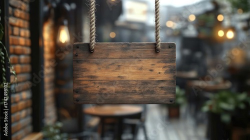 empty rustic wooden signboard hanging by thick rope with blurred cafe background featuring warm lights and wooden furniture