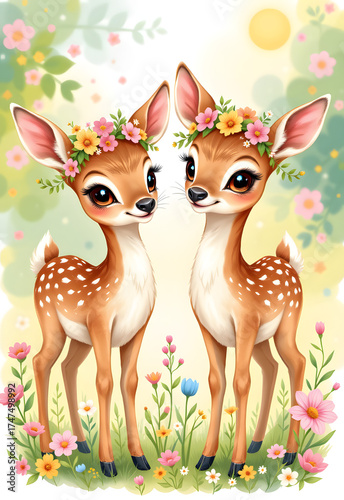 Doeeyed Fawns with Wildflower Wreaths Watercolor Illustration Nostalgic Mood Shallow