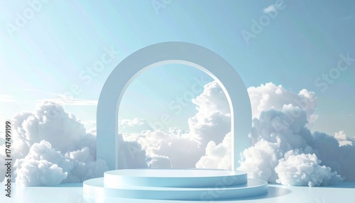 Minimalist White Archway Over Podium Display Against Cloudscape Background