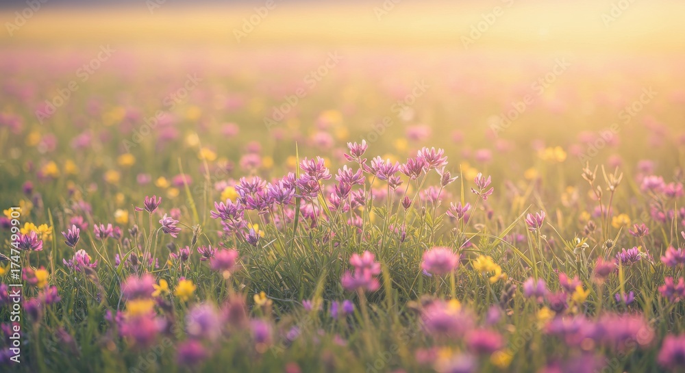 Obraz premium Meadow of purple and yellow wildflowers bathed in golden sunlight, soft focus