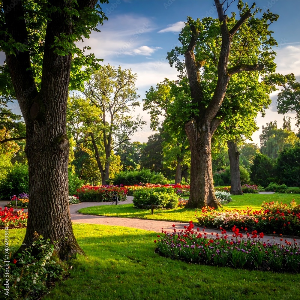 Obraz premium Lush green park with vibrant flowers and tall trees under a blue sky