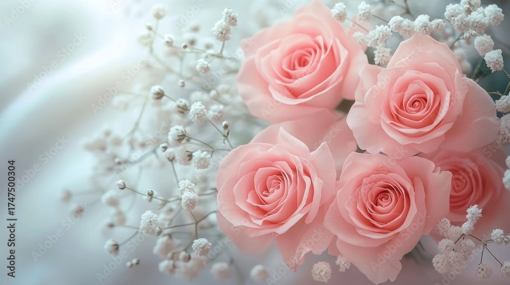 Fototapeta premium Close-up of five soft pink roses surrounded by delicate white baby's breath flowers creating a gentle and romantic floral arrangement